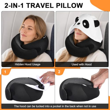 Travel Pillow - Hooded Neck Pillow Airplane Memory Foam Filling - color: Panda
