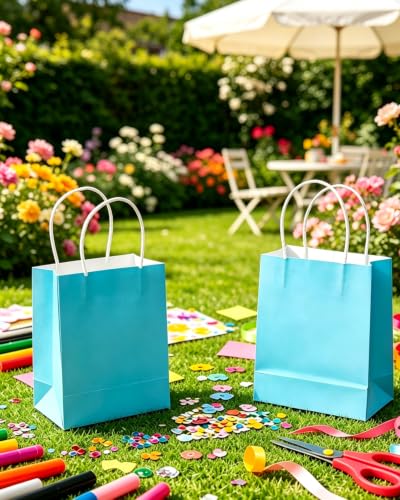 qiqee 24PCS Mini Gift Bag with Handles Bulk 4.5"x2.5"x6" Gift Bags Lake Blue Bags Multiple Uses - color: Lake Blue