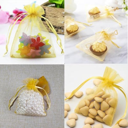 KLLPNW 100 Count Sheer Organza Mesh Drawstring Gift Wrap Bags 5x7 Inch Gold - color: Gold, size: 5x7 Inch (Pack of 100)