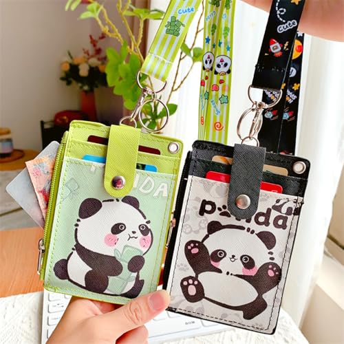 Cute ID Badge Holder with Fabric Lanyard, PU Leather Wallet & Key Ring - color: 2 Pack-ppanda