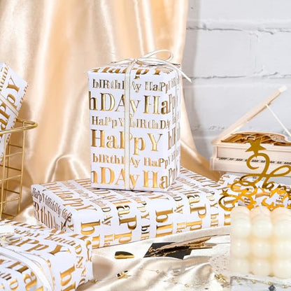 WRAPAHOLIC 3D Kraft Birthday Wrapping Paper Roll - Mini Roll - 17 Inch x 16.5 Feet - Gold and White Happy Birthday Lettering Design with Embossed Perfect for Holiday, Party Celebration - color: White & Gold Happy Birthday, size: 17 inch x 16.5 feet