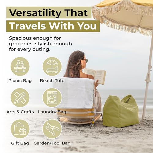 VeraMia Canvas Grocery Bag 3pc XL Set with Real Pockets, Long Shoulder Strap and Short Handle. Heavy Duty, Foldable, Washable - color: Avocado