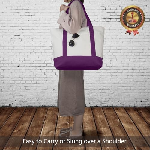 TOPDesign 1-Pack Canvas Tote Bag with an External Pocket, Reusable Grocery Shopping Bag, Top Zipper Closure, Daily Essentials (Purple/Natural) - color: Purple/Natural