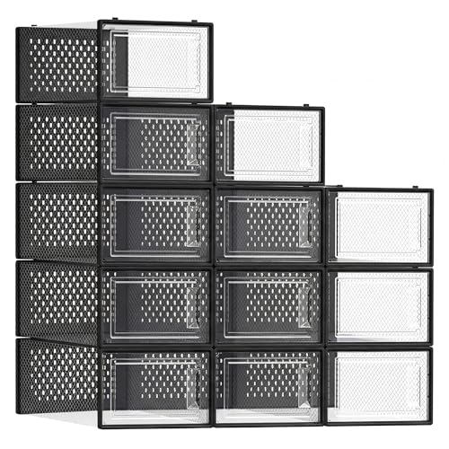 SONGMICS Shoe Boxes, Clear Plastic Sneaker Box, Pack of 12 - color: Transparent + Black, size: L-12pcs