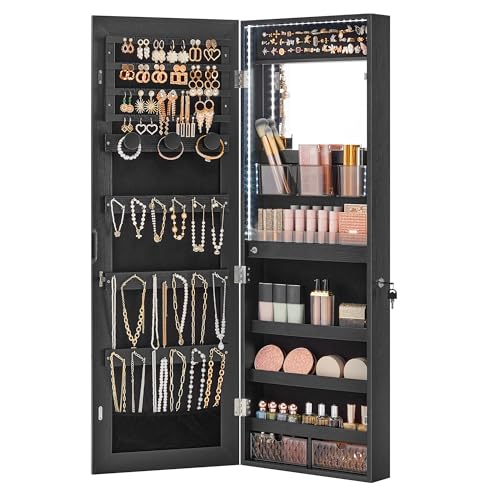 SONGMICS Mirror Jewelry Cabinet Armoire, Wall or Door Mounted, Lockable - color: Black, style: 42.5-Inch with Built-in Lighted Mirror