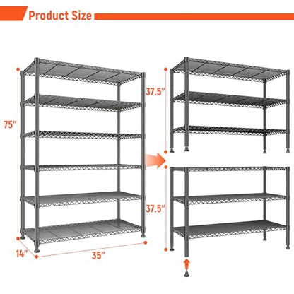 REIBII 6 Tier Metal Shelving, Space Saving & Shelf Adjustable for Kitchen - size: 【6 Tier】75"H X 35"W X 14"D