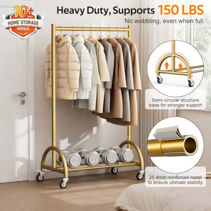 MISSLO Heavy Duty Clothing Rack with Wheels Rolling Clothes Racks for Hanging Clothes, Coats, Garment, Dress, Gold, 28" W - color: Gold, size: 28"W x 14.8"D x 66"H (Small)