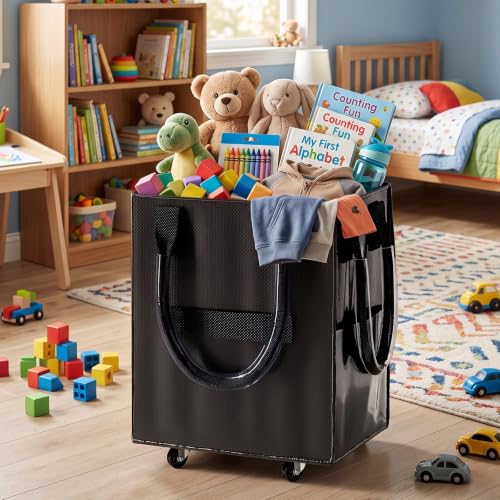 Reusable Grocery Bag on Wheel, Foldable Shopping Cart with Wheels, Can Carry up to 88 Pounds, Suitable for Groceries, Laundry, Camping and Moving. - color: Black - Medium
