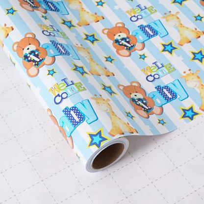 ZINTBIAL Baby Shower Wrapping Paper Roll - Blue Animal Heart Theme Newborn Gift Wrap Paper for Boy Baby Shower, Children's Christening, Birthday, New Mommy - 17.5 in x 16.5 ft，Cut Lines on Back - color: Baby Shower-Blue