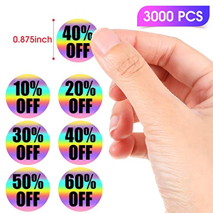 Tenare 6 Rolls/3000 Pcs Percent Off Sticker 10 to 60 Percent, Bright Style - style: Bright Style