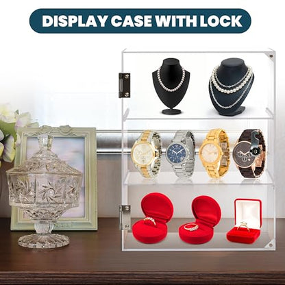 Locking Display Case, Acrylic Display Case with Lock Key, Clear Countertop Display case with Shelves(11.8x5.9x15.7 inch, 4.9‑11in Adjustable Shelf Clearance) - size: Adjustable 4.9‑11in Shelf Clearance