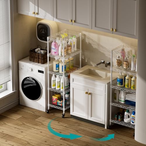 SINGAYE 5 Shelves Storage Shelf Wire Shelving Unit Metal Adjustable Wheels - color: White, size: 5Tier/11.5"D X 17.5"W X 57"H
