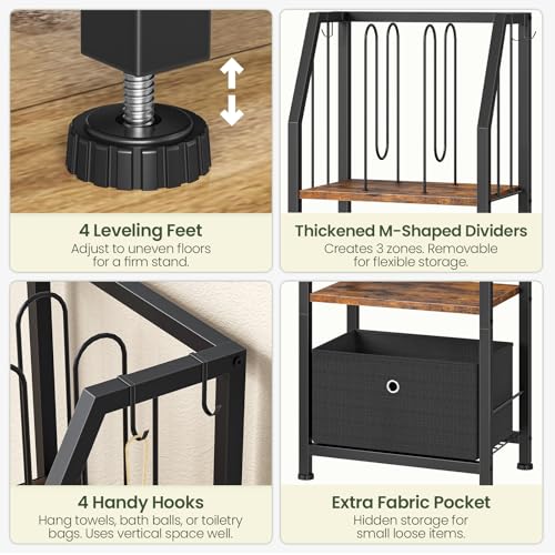 CHOEZON 3-Tier Towel Rack Freestanding, Towel Rack with a Fabric Drawer, 2 M-Shaped Metal Dividers and 4 Hooks, Bathroom Towel Storage Shelf, Towel Storage for Bathroom, Rustic Brown and Black TCJ29BF