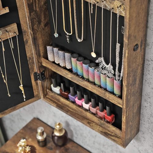 SONGMICS Lockable Jewelry Cabinet Armoire with Mirror, Wall-Mounted - color: Rustic Brown, style: Essential Capacity