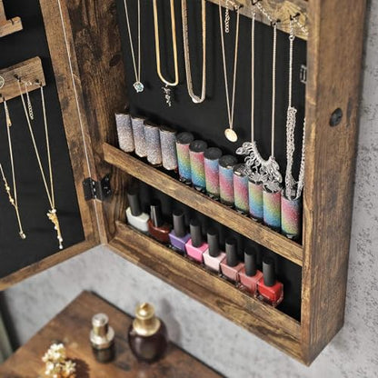 SONGMICS Lockable Jewelry Cabinet Armoire with Mirror, Wall-Mounted - color: Rustic Brown, style: Essential Capacity