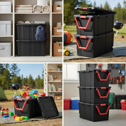 40 Gallon Extra Large Rolling Storage Bins 2-Pack, Black Heavy-Duty Plastic with Pivoting Handle & Leak-Resistant Lid, for Garage Warehouse Industrial Storage - color: 2PCS, black