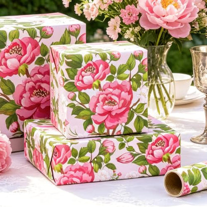 Burymento Pink Flowers Wrapping Paper Roll for Women Girls - color: Pink - Rose Peony