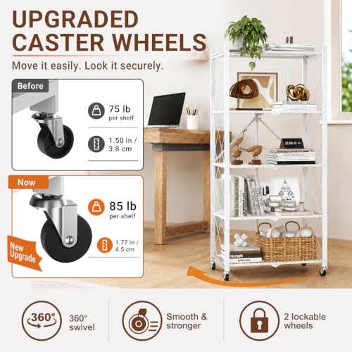 black leopard 5-Tier Foldable Metal Storage Shelf with Wheels, White - color: White, size: 5-Tier