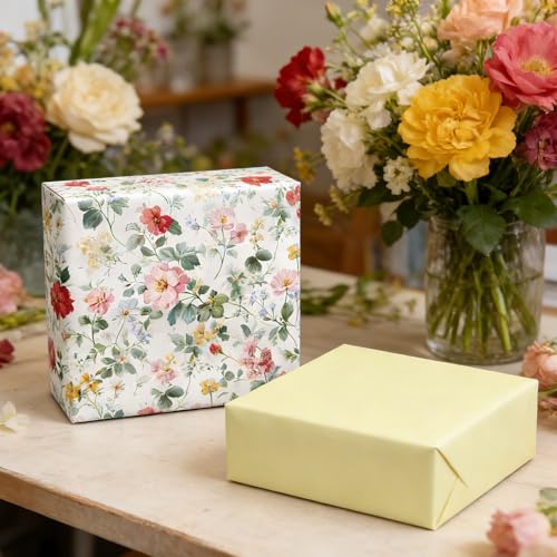 Cuitpan Reversible Floral Wrapping Paper Roll – Red & Pink Wildflowers, Light Green on Back Side, Gift Wrap for Wedding, Bridal Shower, Anniversary, Mother's Day, Birthday, 17 Inches x 16.5 Feet - color: Red/Pink -Wildflower