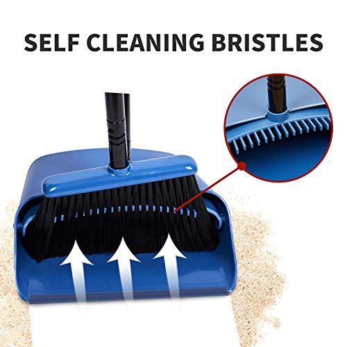 Long Handled Dustpan and Brush, Broom and Dustpan Set, Household Dust pan Combo with 54 Inch Handle for Indoor Outdoor Household Cleaning and Sweeping (Blue) - color: Blue