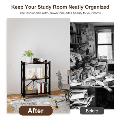 3 Tier Folding Shelf with Wheels, Wood and Metal Bookshelf - color: Brown Wooden, size: 3 Tier