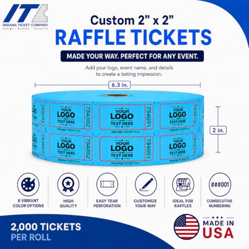 Custom Printed Raffle Tickets, 2x2 Double Roll, 2,000 Tickets, Made in USA - size: 2 x 2 (Double)