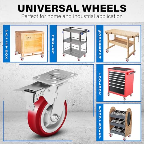 6 Inch Caster Wheels Heavy Duty Casters Set of 4, 6000 LBS Load Capacity - color: Red & Silver, size: 6 Inch
