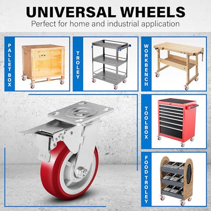 6 Inch Caster Wheels Heavy Duty Casters Set of 4, 6000 LBS Load Capacity - color: Red & Silver, size: 6 Inch