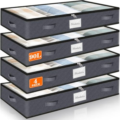 90L Under Bed Storage Containers, Storage Bags, Organizer, 4-Pack, Gray - color: Gray