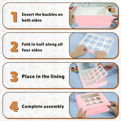 RYDDOY 4 Pack Pink Cupcake Boxes, Hold 12 Count Cupcake, Cupcake Carriers - color: Pink