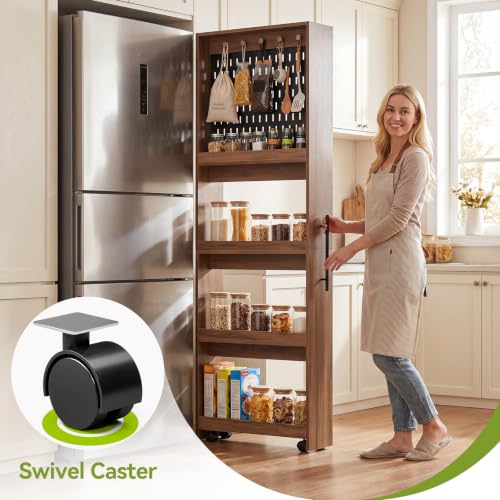 Pull Out Pantry Storage Cart Next to Fridge, Rolling Utility Cart on Wheels - color: Brown&black