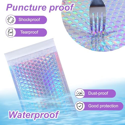 50 Pack Bubble Mailers, Holographic Bubble Mailers with 3 Sizes, Waterproof Self Seal Adhesive Foil Glitter Glamour Shipping Bags for Mailing, Packing, Small Business, Jewelry Makeup Supplies
