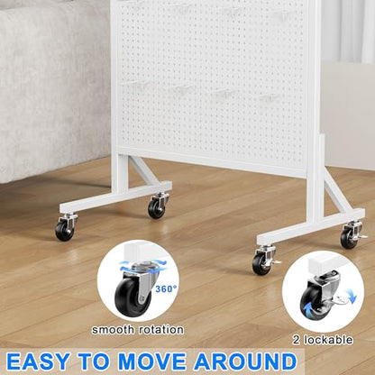 Pegboard Display Stand with Wheels, 24" x 70" Peg Board Stand, White - color: White