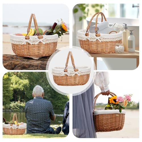 Good GAIN Wicker Picnic Basket w/Fold Handles,Willow Empty Baskets,White - color: Cream