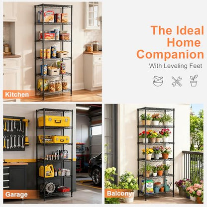 6-Tier Wire Rack Shelving,Metal Shelf Racks with Lockable Wheels, Black - color: 6-tier Black-21.3"x11.4"x73"(wxdxh)