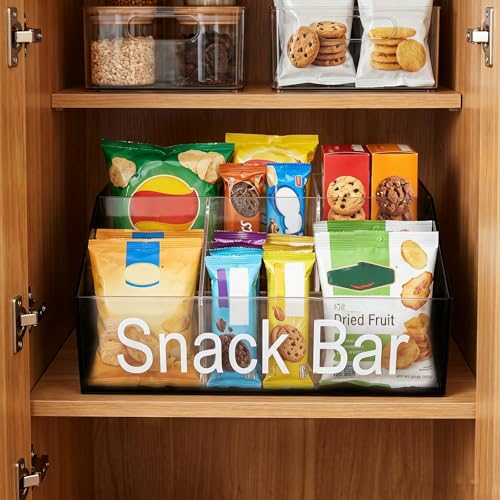 Snack Organizer for Countertop, Black & Clear Acrylic Snack Bar Organizer, 4 Compartment Snack Holder Chips Organizer, Trapezoid Snack Basket Bin for Kitchen Pantry Organizer and Storage
