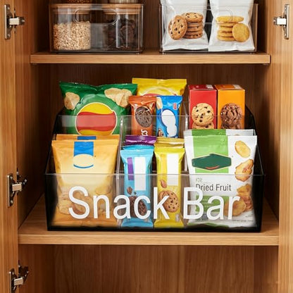Snack Organizer for Countertop, Black & Clear Acrylic Snack Bar Organizer, 4 Compartment Snack Holder Chips Organizer, Trapezoid Snack Basket Bin for Kitchen Pantry Organizer and Storage