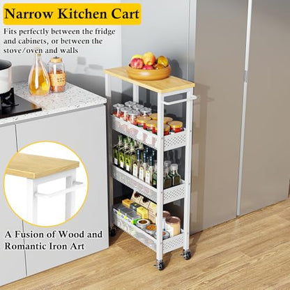OKZEST Slim Laundry Room Organization Cart with Upgraded Metal Hub Casters - color: White, size: 7.1 Inch Wide