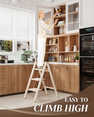 3 Step Ladder, Foldable Aluminum Step Stool with Anti-Slip Pedal - color: Cream Chocolate, size: 3 Step