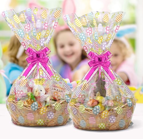 Easter Basket Bags 10 Pack 24x30 Inch Clear Treat Wrap with Colorful Egg Print and Twist Ties Large Plastic Gift Bags for Candy Favors and Party Supplies