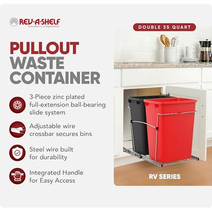 Rev-A-Shelf RV-18KD-1618C-S Double Pullout Trash Can for Kitchen Cabinets 35 Qt Garbage Recycling Bin on Full Extension Slides, Red/Black - color: Red & Black