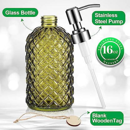 MOCLIF 16 OZ Clear Soap Dispenser with 304 Rustproof Stainless Steel Pump Bathroom Kitchen,Refillable Liquid Glass for Hand Soap, Dish Soap, Lotion(Green) - color: Green