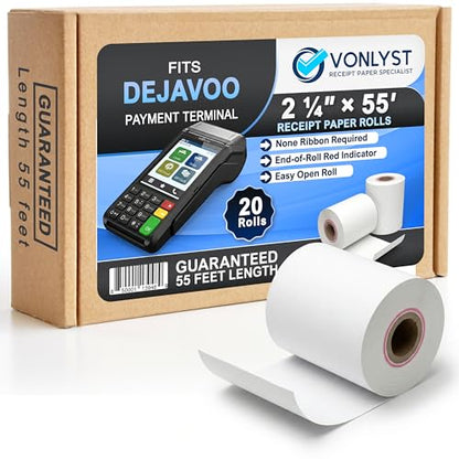 Thermal Receipt Paper Rolls for Dejavoo Z8 Z9 Z11 P1 P3 P8 QD1 QD2 QD4 QD5 – 2 1/4 x 55 BPA Free Credit Card Machine & POS Printer Paper with Red End Warning Stripe – 20 Pack - size: 20 rolls