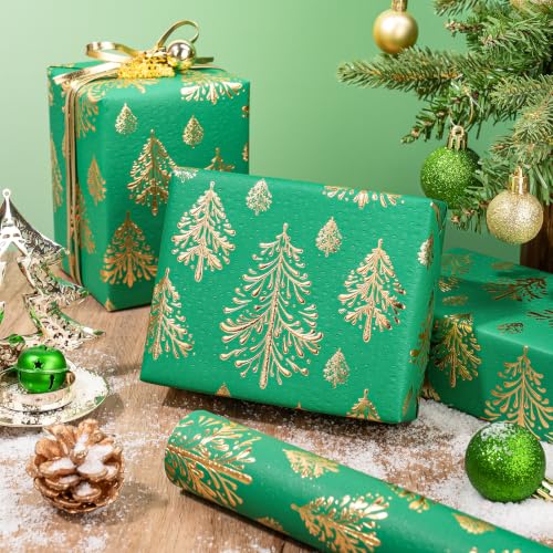 WRAPAHOLIC 3D Kraft Christmas Wrapping Paper Roll - 30 Inch x 16.5 Feet - Gold and Green Christmas Tree Wrapping Paper with Embossed Perfect for Holiday, Party Celebration - color: Christmas Tree - Green & Gold, size: 30 inch x 16.5 feet