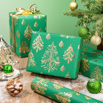 WRAPAHOLIC 3D Kraft Christmas Wrapping Paper Roll - 30 Inch x 16.5 Feet - Gold and Green Christmas Tree Wrapping Paper with Embossed Perfect for Holiday, Party Celebration - color: Christmas Tree - Green & Gold, size: 30 inch x 16.5 feet