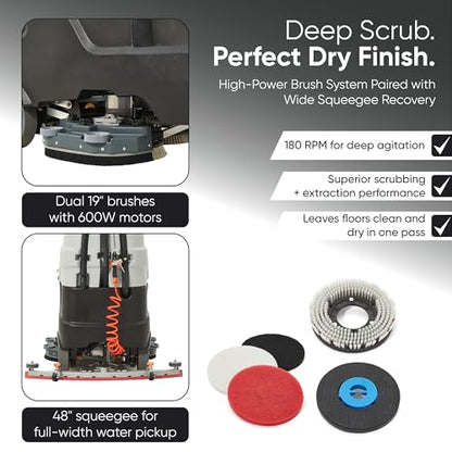 Battery Powered Ride-On Commercial Floor Scrubber Machine, 38" Brush, 48" Squeegee Width, 46 gal Solution Tank, 48 gal Recovery Tank, 5 hr Use 8 hr Charge, 180 RPM, 84,000 Sqft/H, Batteries Included - size: 38"