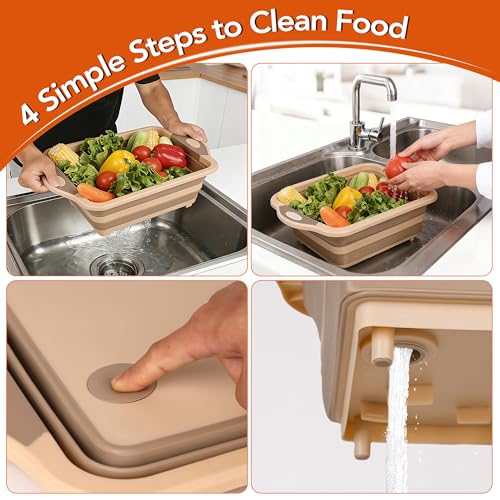 QiMH Collapsible BBQ Prep Tub, Picnic Basket with Lid, Foldable Dish Basin, Food Grade Silicone Cutting Board for Washing and Draining Veggies and Fruits, Portable for Camping, Traveling, and Kitchen - color: sandstone