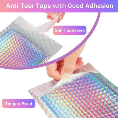 50 Pcs Metallic Bubble Mailers,Waterproof Self Seal Adhesive Shipping Bags,Holographic Cushion Envelopes,Foil Glitter Shipping Mailer,Poly Padded Envelopes for Mailing Packing Small Business
