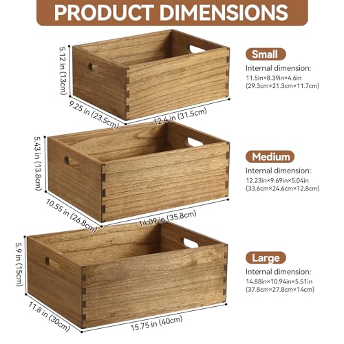 KIRIGEN Nesting Wood Crates with Handles, Set of 3 Storage Boxes Brown - color: Dark Brown