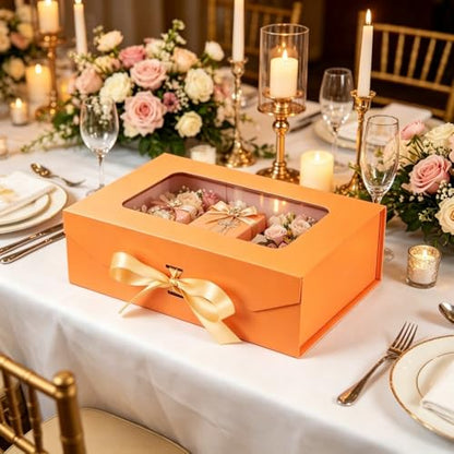 Orange Gift Box for Presents with Ribbon 10.8x7.5x3.5 Inches Clear Gift Box with Window Magnetic Closure Gift Boxes with Lids - color: Orange-10.8x7.5x3.5 Inches (Pack of 1)